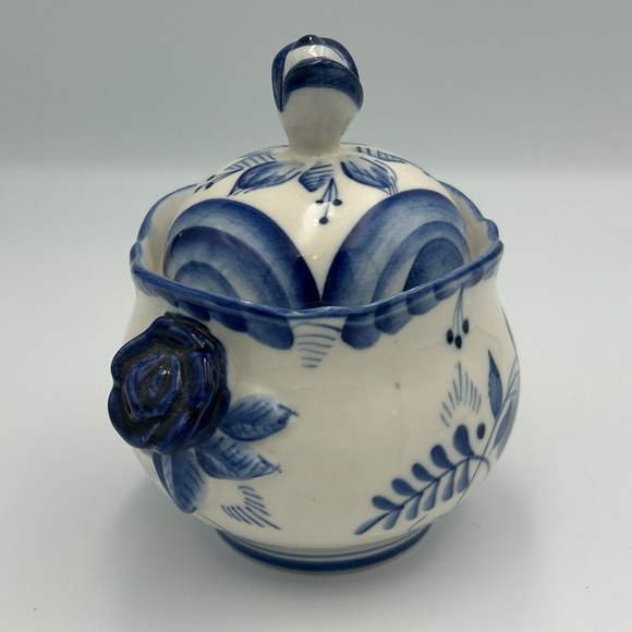 Russian GZHEL Porcelain Blue White Sugar Candy Bowl Lid Vintage Handmade Painted - Picture 3 of 13
